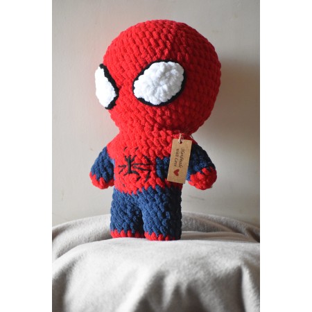 Handmade crochet Spider-Man inspired plush toy amigurumi crafted with red and blue plush yarn