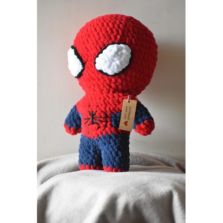 Handmade crochet Spider-Man inspired plush toy amigurumi crafted with red and blue plush yarn